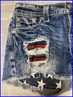 MISS ME American Flag Shorts Sz 27 USA Stars Stripes Distressed Bling Patriotic