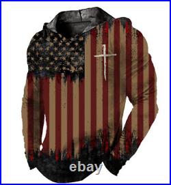 Men Hoodie Pullover USA Flag Cross Graphic Black Sweatshirt Soft LightWeight