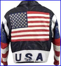 Men's Motorcycle American USA Flag Brando Leather Jacket
