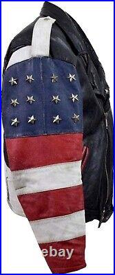 Men's Motorcycle American USA Flag Brando Leather Jacket