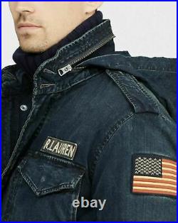 Men's SZ XL Polo Ralph Lauren Denim Field Jacket USA Flag Military Patch $328+