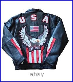 Mens American Leather Adult USA Flag Eagle Bomber Motorcycle Biker Jacket Size M