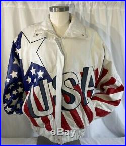 Mens Vintage LARGE USA American Flag Leather Bomber Jacket Michael Hoban Style