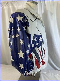 Mens Vintage LARGE USA American Flag Leather Bomber Jacket Michael Hoban Style