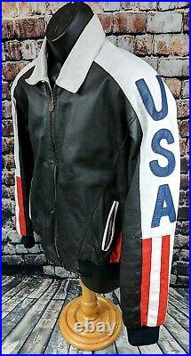 Micheal Hoban USA American Flag Leather Jacket WHEREMI Bomber Biker Men Large XL