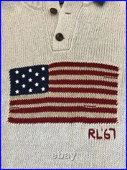 NWT POLO RALPH LAUREN Men's B&T Beige Cotton Linen AMERICAN USA FLAG Sweater-2XB
