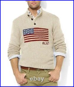 NWT POLO RALPH LAUREN Men's Beige Cotton Linen AMERICAN USA FLAG Sweater-Sz Sm