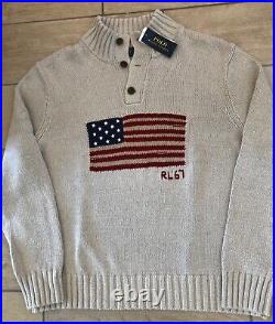 NWT POLO RALPH LAUREN Men's Beige Cotton Linen AMERICAN USA FLAG Sweater-Sz Sm