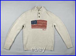 NWT Polo Ralph Lauren Beige Cotton Linen USA American Flag Turtleneck Sweater