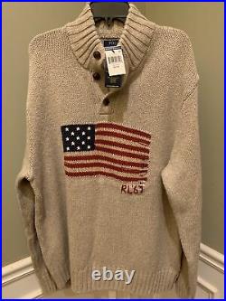 NWT Polo Ralph Lauren Beige Cotton Linen USA American Flag Turtleneck Sweater L