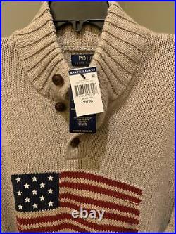 NWT Polo Ralph Lauren Beige Cotton Linen USA American Flag Turtleneck Sweater L