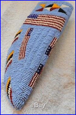 Native American Beaded Knife Sheath, Cherokee bead work, brain tan, USA flags