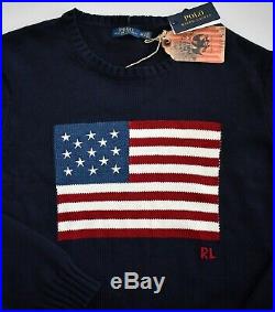 New POLO RALPH LAUREN USA Iconic AMERICAN FLAG Navy 100% Cotton Sweater XLT