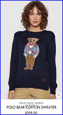 New! Polo Bear Ralph Lauren Womens Sweater -l- Blue USA Flag Crew Knit Cotton