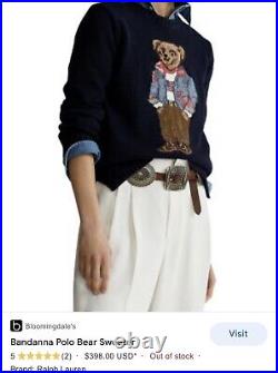 New! Polo Bear Ralph Lauren Womens Sweater -l- Blue USA Flag Crew Knit Cotton