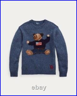 Nwt $398 Polo Ralph Lauren Men's L The Sitting Bear Denim Blue USA Flag Sweater