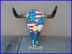 PAINTED STEER SKULL 18 WIDE HORNS, AMERICAN FLAG, COLORADO USA MOUNTED BULL cow