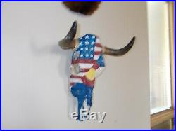 PAINTED STEER SKULL 18 WIDE HORNS, AMERICAN FLAG, COLORADO USA MOUNTED BULL cow