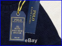 POLO RALPH LAUREN Men's Classic Fit Wool USA Flag Bear Sweater, Knit, NAVY BLUE