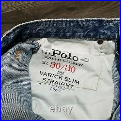 POLO RALPH LAUREN Sport Varick Slim Straight Blue Jeans Mens 30x30 Logo USA Flag
