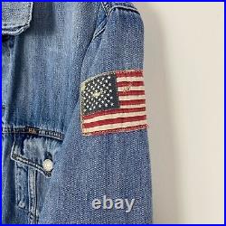 POLO RALPH LAUREN USA AMERICAN FLAG Patch Distressed Denim Jean Jacket Large
