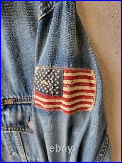 POLO RALPH LAUREN USA AMERICAN FLAG Patch Distressed Denim Jean Jacket Medium