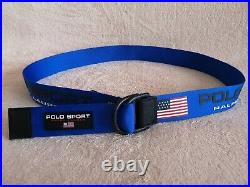 POLO Ralph Lauren Belt Sport Men Blue Double D Ring Buckle USA Flag Logo Size L
