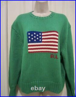 POLO Ralph Lauren Unisex Green Cotton Knit USA American Flag Sweater Size XS
