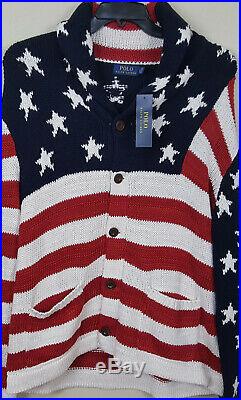 Polo Ralph Lauren American Flag Cardigan Sweater USA $295 Blue New (size Large)