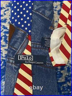 Polo Ralph Lauren American Flag Denim Jeans Logo Red Cream Blue Silk Necktie USA