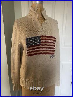Polo Ralph Lauren Beige Cotton Linen USA American Flag Sweater natural Silk Sz S