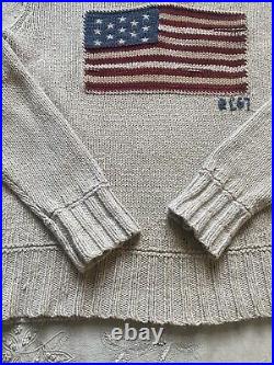 Polo Ralph Lauren Beige Cotton Linen USA American Flag Sweater natural Silk Sz S