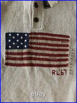 Polo Ralph Lauren Beige Cotton Linen USA American Flag Turtleneck Sweater NWT