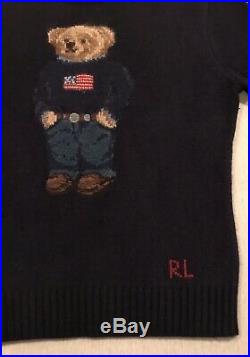 Polo Ralph Lauren Iconic Preppy USA Flag Teddy Bear Wool Sweater M Navy RARE