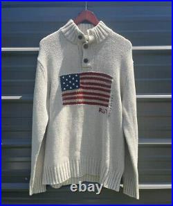 Polo Ralph Lauren Men RL 67 USA American Flag Button Sweater Beige NWT Size M