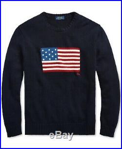 Polo Ralph Lauren Men's Large American Flag Cotton Sweater Navy Blue Made In USA