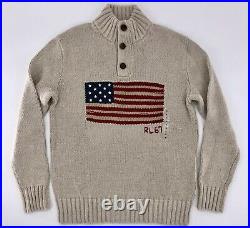 Polo Ralph Lauren Men's RL 67 USA American Flag Button Sweater Beige Htr NWT