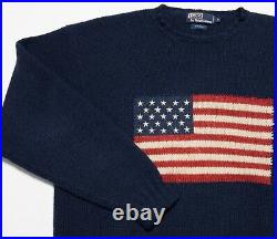 Polo Ralph Lauren Men's XL Wool Navy Blue USA American Flag Chunky Knit Sweater