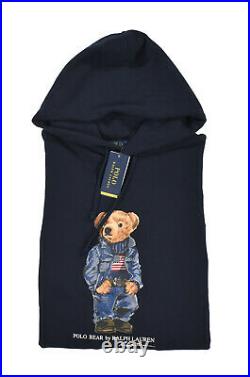 Polo Ralph Lauren Navy American Flag Denim Bear Fleece Pullover Hoodie New