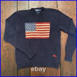 Polo Ralph Lauren Navy Blue Cotton Knit American Flag Hong Kong Sweater sz Small