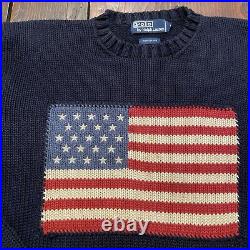 Polo Ralph Lauren Navy Blue Cotton Knit American Flag Hong Kong Sweater sz Small