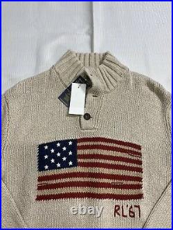 Polo Ralph Lauren RL-67 USA American Flag Mock Neck Knit Sweater Beige Mens XXL