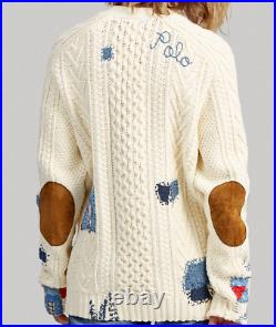 Polo Ralph Lauren Repair Stitch Patchwork Boyfriend Cable Knit Sweater Cardigan