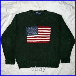 Polo Ralph Lauren Vintage USA American Flag Green Sweater Stadium rare L