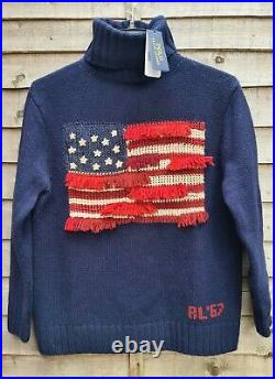 Polo Ralph Lauren Women's Sweater Turtleneck Merino Wool USA Flag Knit Navy in L