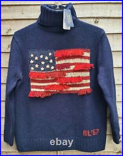 Polo Ralph Lauren Women's Sweater Turtleneck Merino Wool USA Flag Knit Navy in L