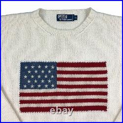 RALPH LAUREN ICONIC Polo Vintage Wool Jumper USA American Flag CREAM XL