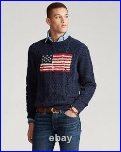 RARE! NWT POLO RALPH LAUREN Mens Sz L ARAN KNIT Navy USA FLAG Cotton Sweater