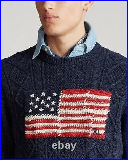 RARE! NWT POLO RALPH LAUREN Mens Sz L ARAN KNIT Navy USA FLAG Cotton Sweater