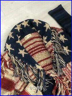 RL Denim & Supply USA Flag Patchwork Chunky Knit Fringe Cardigan Size XS/S